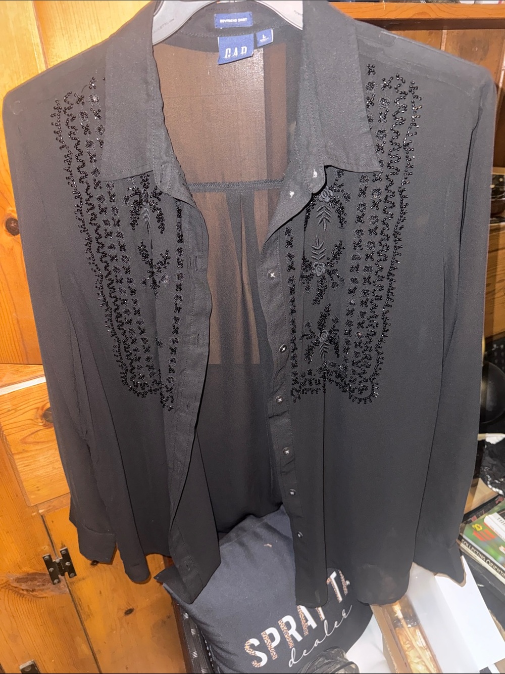 GAP Black Beaded Sheer Button-Front Blouse